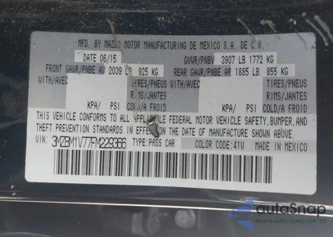 2015 Mazda Mazda3 I Touring z USA, uszkodzony, nr VIN 3MZBM1V77FM229366